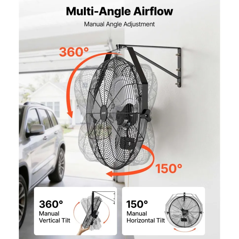 VEVOR Wall Mount Fan, 20 in Wall Mounted Hanging Fan, 3-Speed, Long Airflow Distance, Adjustable Rotation Angle, Mechanical Control, Powerful for Industry, Commercial, Garage, Workshop, Gym, 2 Pack