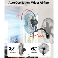 VEVOR Wall Mount Fan, 18 in Wall Mounted Hanging Fan, 3-Speed, Long Airflow Distance, Adjustable Rotation Angle, Mechanical Control, Powerful for Industry, Commercial, Garage, Workshop, Gym, 2 Pack