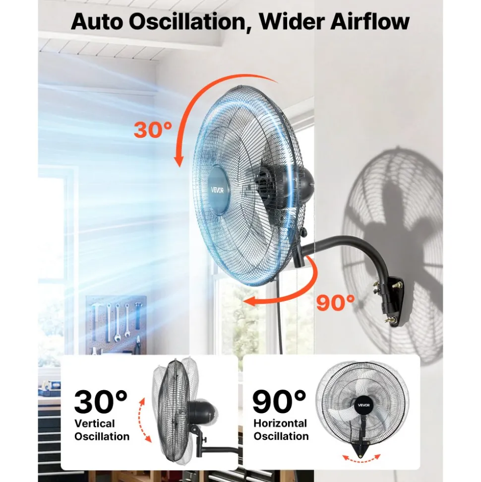 VEVOR Wall Mount Fan, 20 in Wall Mounted Hanging Fan Oscillating, 3-Speed, Long Airflow Distance, Adjustable Rotation Angle, Mechanical Powerful for Industry, Commercial, Garage, Workshop, Gym, 2 Pack