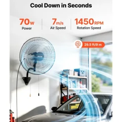VEVOR Wall Mount Fan, 20 in Wall Mounted Hanging Fan Oscillating, 3-Speed, Long Airflow Distance, Adjustable Rotation Angle, Mechanical Powerful for Industry, Commercial, Garage, Workshop, Gym, 2 Pack