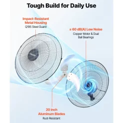 VEVOR Wall Mount Fan, 20 in Wall Mounted Hanging Fan Oscillating, 3-Speed, Long Airflow Distance, Adjustable Rotation Angle, Mechanical Powerful for Industry, Commercial, Garage, Workshop, Gym, 2 Pack