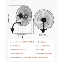 VEVOR Wall Mount Fan, 20 in Wall Mounted Hanging Fan Oscillating, 3-Speed, Long Airflow Distance, Adjustable Rotation Angle, Mechanical Powerful for Industry, Commercial, Garage, Workshop, Gym, 2 Pack