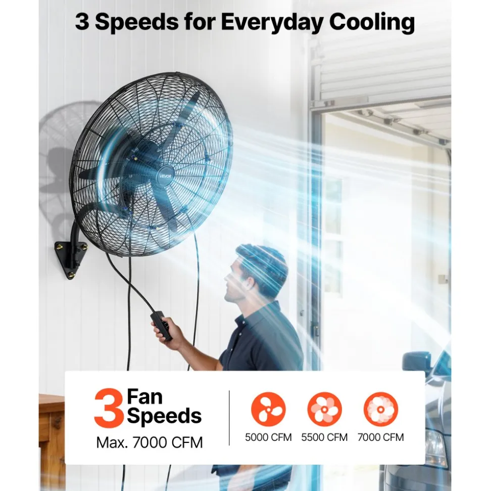 VEVOR Wall Mount Fan, 24 in Wall Mounted Hanging Fan with Oscillating & Mist, IP44-rated, 3-Speed, Powerful Air Reach, Mechanical Control, Long Airflow for Industry, Commercial, Garage, Workshop