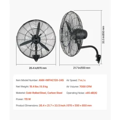 VEVOR Wall Mount Fan, 24 in Wall Mounted Hanging Fan with Oscillating & Mist, IP44-rated, 3-Speed, Powerful Air Reach, Mechanical Control, Long Airflow for Industry, Commercial, Garage, Workshop