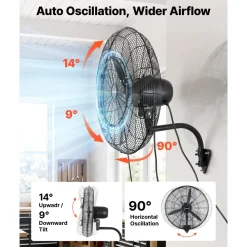 VEVOR Wall Mount Fan, 24 in Wall Mounted Hanging Fan with Oscillating & Mist, IP44-rated, 3-Speed, Powerful Air Reach, Mechanical Control, Long Airflow for Industry, Commercial, Garage, Workshop