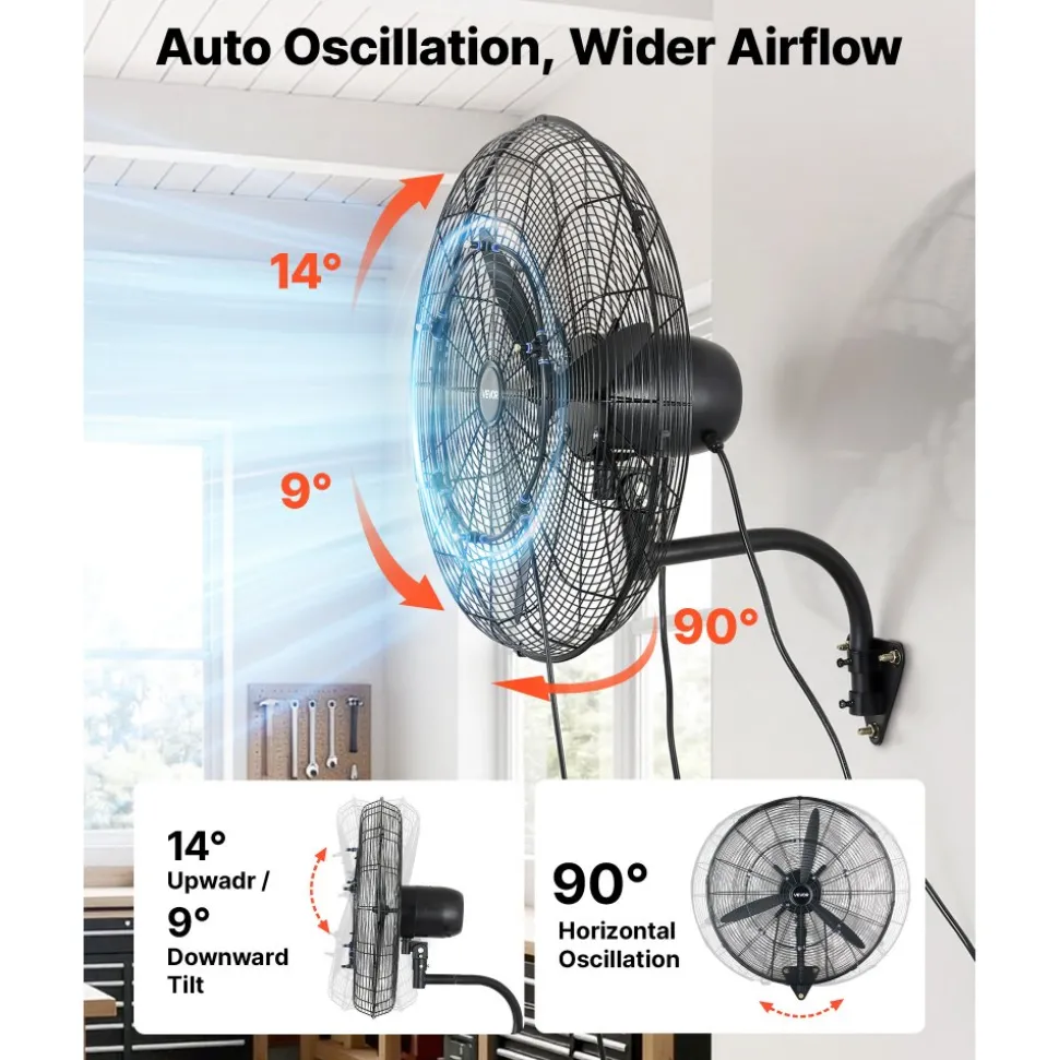 VEVOR Wall Mount Fan, 24 in Wall Mounted Hanging Fan with Oscillating & Mist, IP44-rated, 3-Speed, Powerful Air Reach, Mechanical Control, Long Airflow for Industry, Commercial, Garage, Workshop