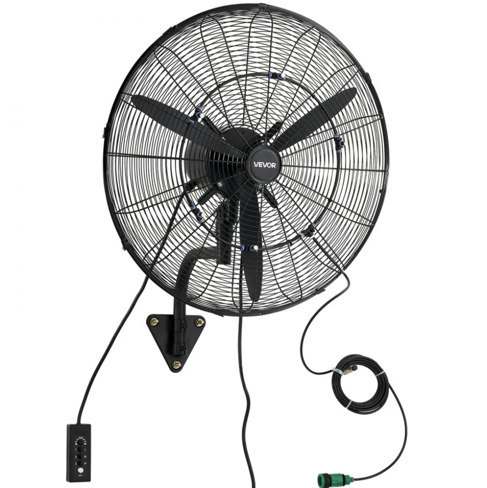 VEVOR Wall Mount Fan, 24 in Wall Mounted Hanging Fan with Oscillating & Mist, IP44-rated, 3-Speed, Powerful Air Reach, Mechanical Control, Long Airflow for Industry, Commercial, Garage, Workshop