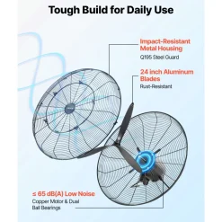 VEVOR Wall Mount Fan, 24 in Wall Mounted Hanging Fan with Oscillating & Mist, IP44-rated, 3-Speed, Powerful Air Reach, Mechanical Control, Long Airflow for Industry, Commercial, Garage, Workshop