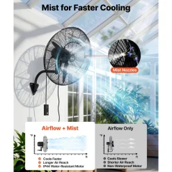 VEVOR Wall Mount Fan, 24 in Wall Mounted Hanging Fan with Oscillating & Mist, IP44-rated, 3-Speed, Powerful Air Reach, Mechanical Control, Long Airflow for Industry, Commercial, Garage, Workshop