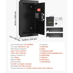 VEVOR Wall Safe, 3-Tier Hidden Wall Mounted Safe with Password & Key, Q235 Cold-Rolled Steel In-Wall Box with LED Lighting, 2 Adjustable Shelves & 5 Key Holders for Money, Jewelry, Passport, Black
