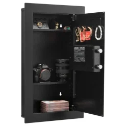 VEVOR Wall Safe, 3-Tier Hidden Wall Mounted Safe with Password & Key, Q235 Cold-Rolled Steel In-Wall Box with LED Lighting, 2 Adjustable Shelves & 5 Key Holders for Money, Jewelry, Passport, Black