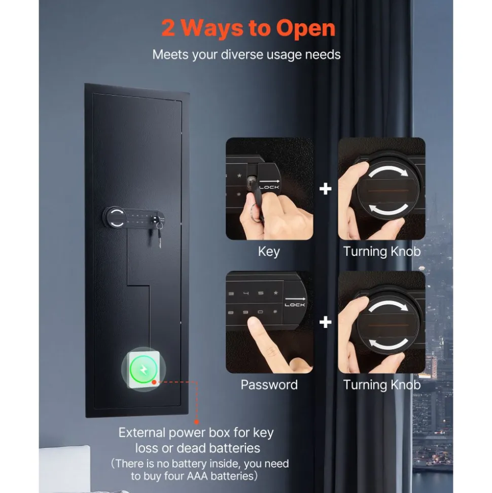 VEVOR Wall Safe, 4-Tier Hidden Wall Mounted Gun Safe with Password & Key, Q235 Cold-Rolled Steel In-Wall Box with LED Lighting, 3 Adjustable Shelves & Key Holders for Money, Jewelry, Passport, Black