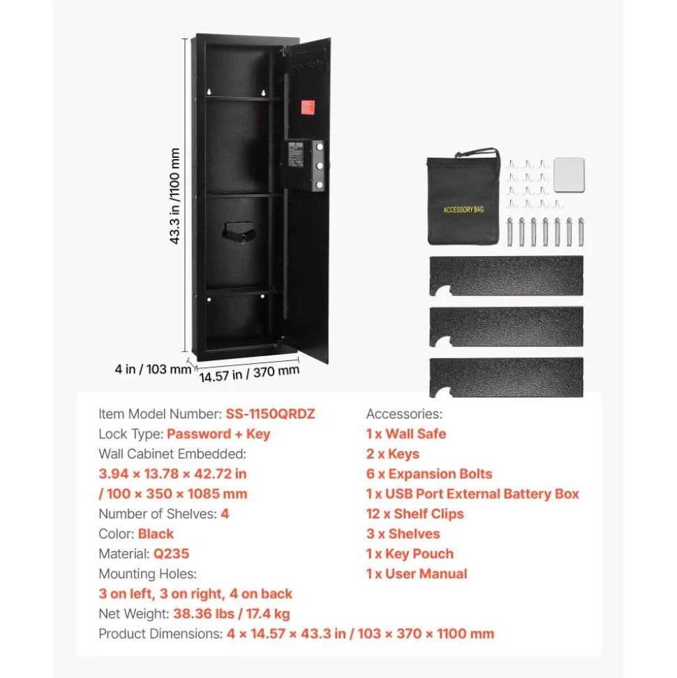 VEVOR Wall Safe, 4-Tier Hidden Wall Mounted Gun Safe with Password & Key, Q235 Cold-Rolled Steel In-Wall Box with LED Lighting, 3 Adjustable Shelves & Key Holders for Money, Jewelry, Passport, Black