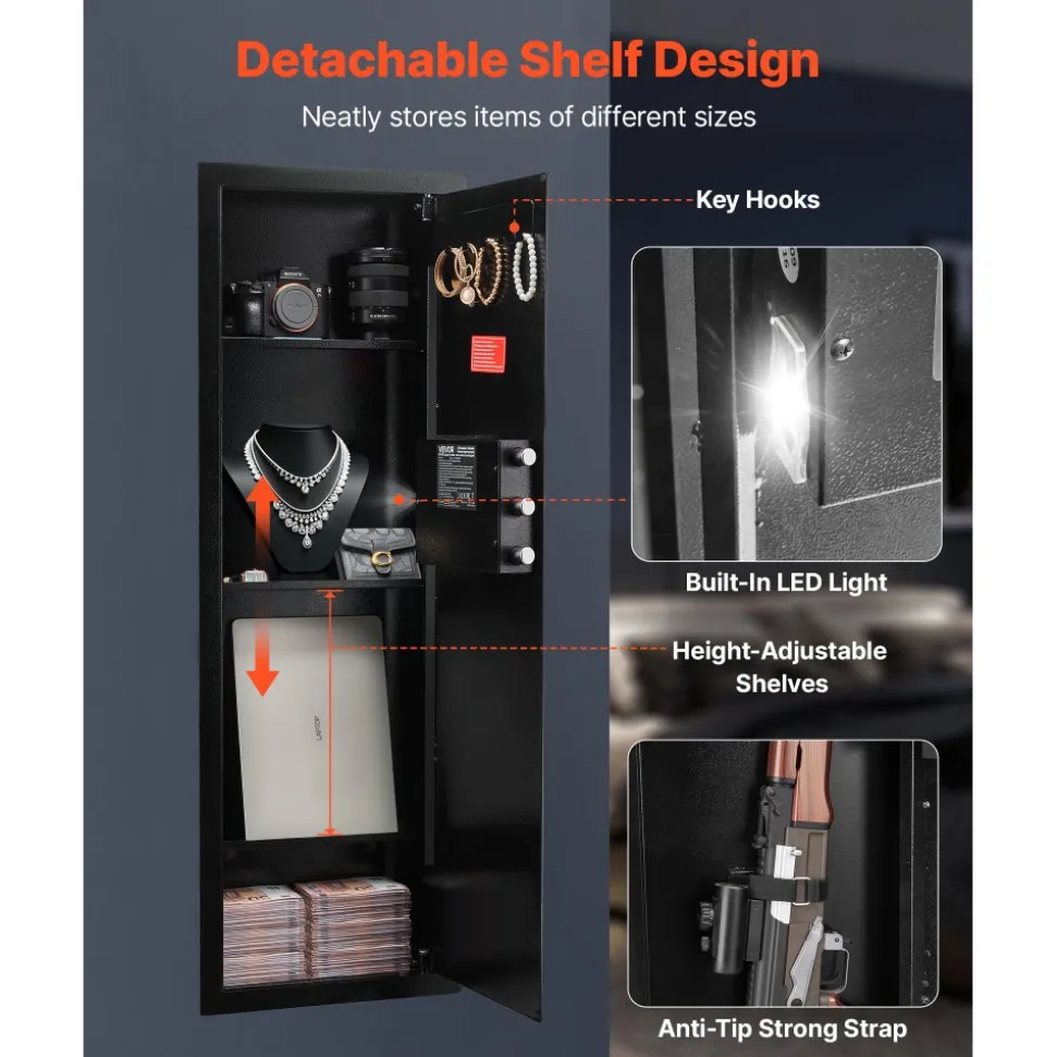 VEVOR Wall Safe, 4-Tier Hidden Wall Mounted Gun Safe with Password & Key, Q235 Cold-Rolled Steel In-Wall Box with LED Lighting, 3 Adjustable Shelves & Key Holders for Money, Jewelry, Passport, Black