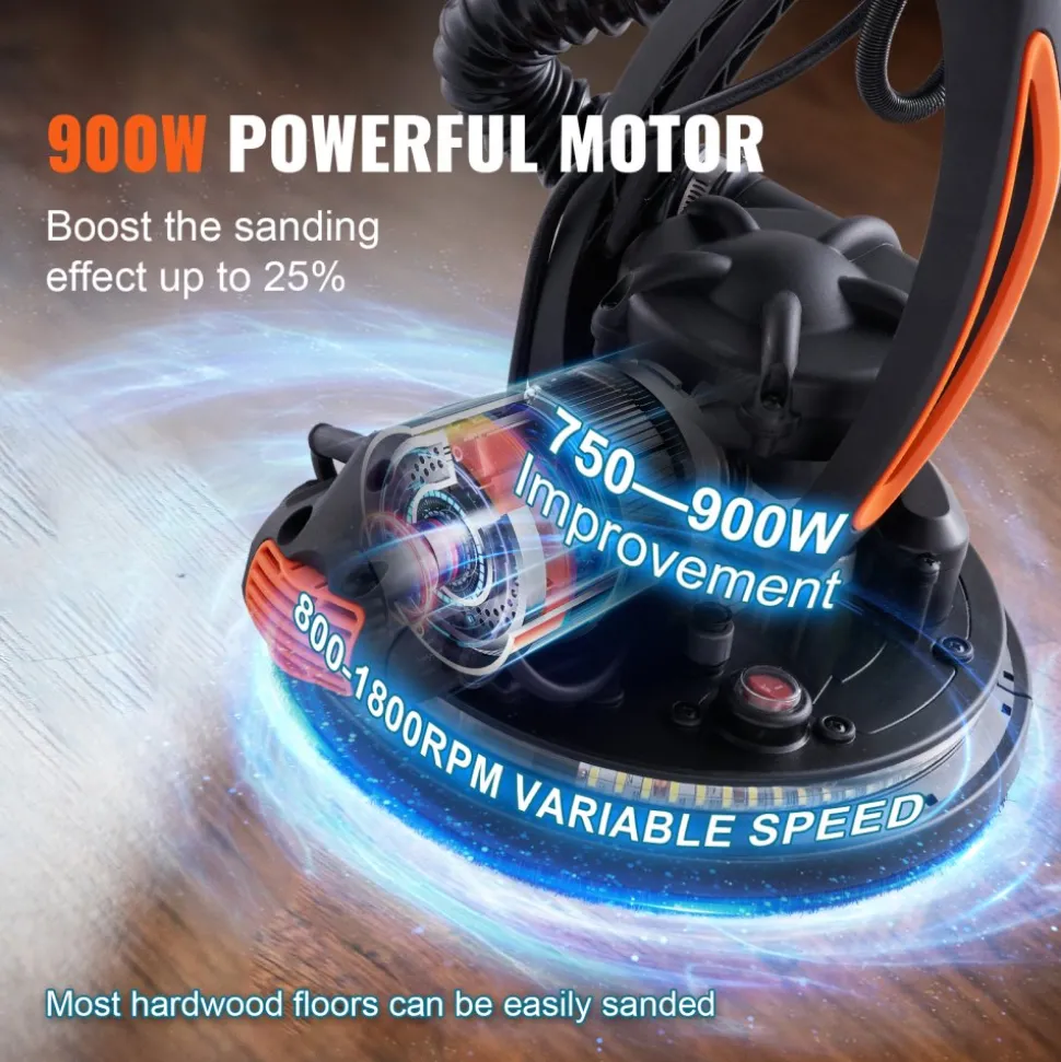 VEVOR Wall Smoother, 900W Drywall Sander, Includes 12 Sanding Pads, Adjustable Speeds from 800-1800 RPM, 3 Vacuum Tubes, Collapsible Design for Ceilings, Dual LED, Telescopic Grip & Dust Collector