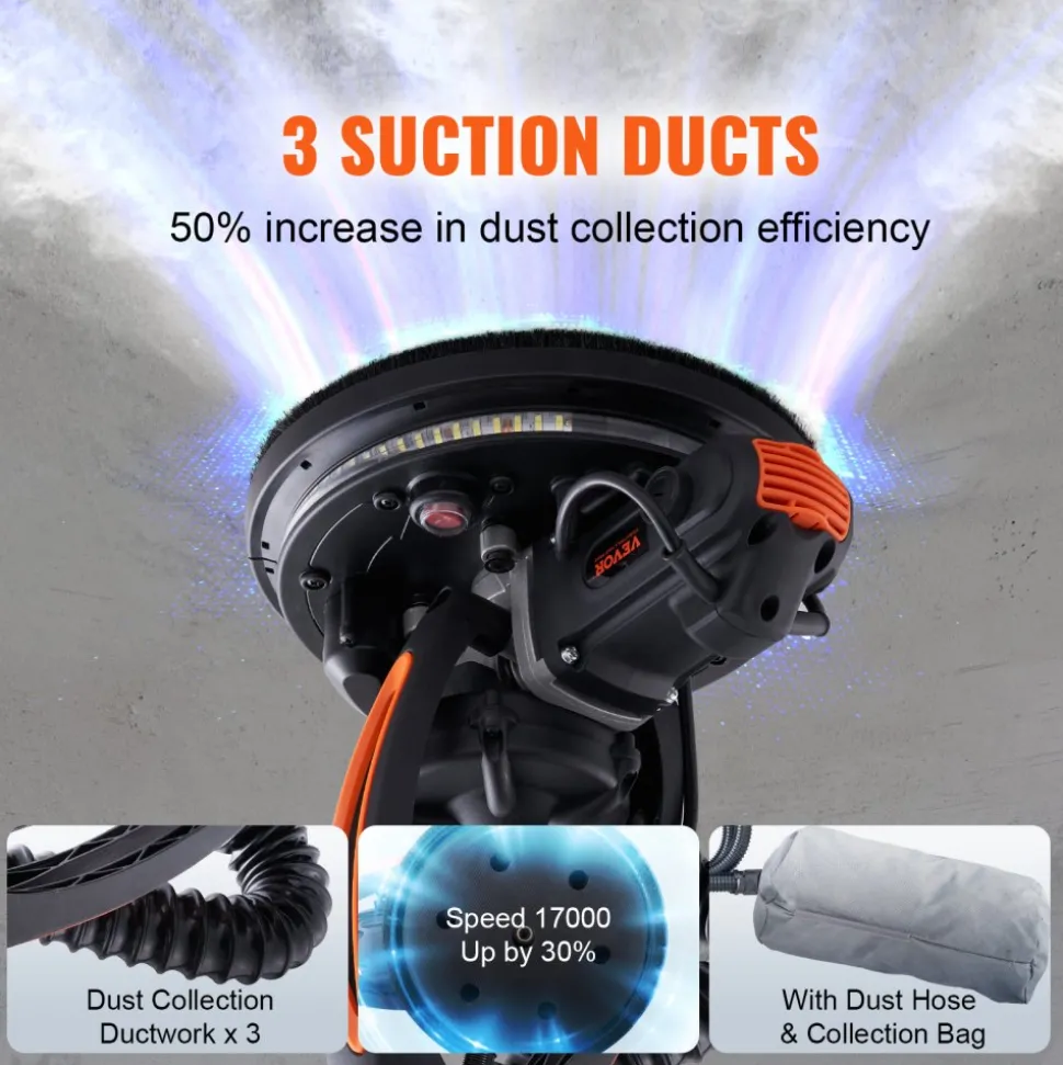 VEVOR Wall Smoother, 900W Drywall Sander, Includes 12 Sanding Pads, Adjustable Speeds from 800-1800 RPM, 3 Vacuum Tubes, Collapsible Design for Ceilings, Dual LED, Telescopic Grip & Dust Collector
