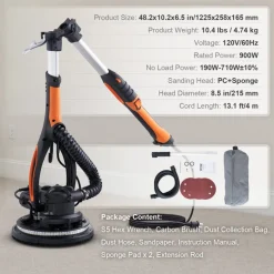 VEVOR Wall Smoother, 900W Drywall Sander, Includes 12 Sanding Pads, Adjustable Speeds from 800-1800 RPM, 3 Vacuum Tubes, Collapsible Design for Ceilings, Dual LED, Telescopic Grip & Dust Collector