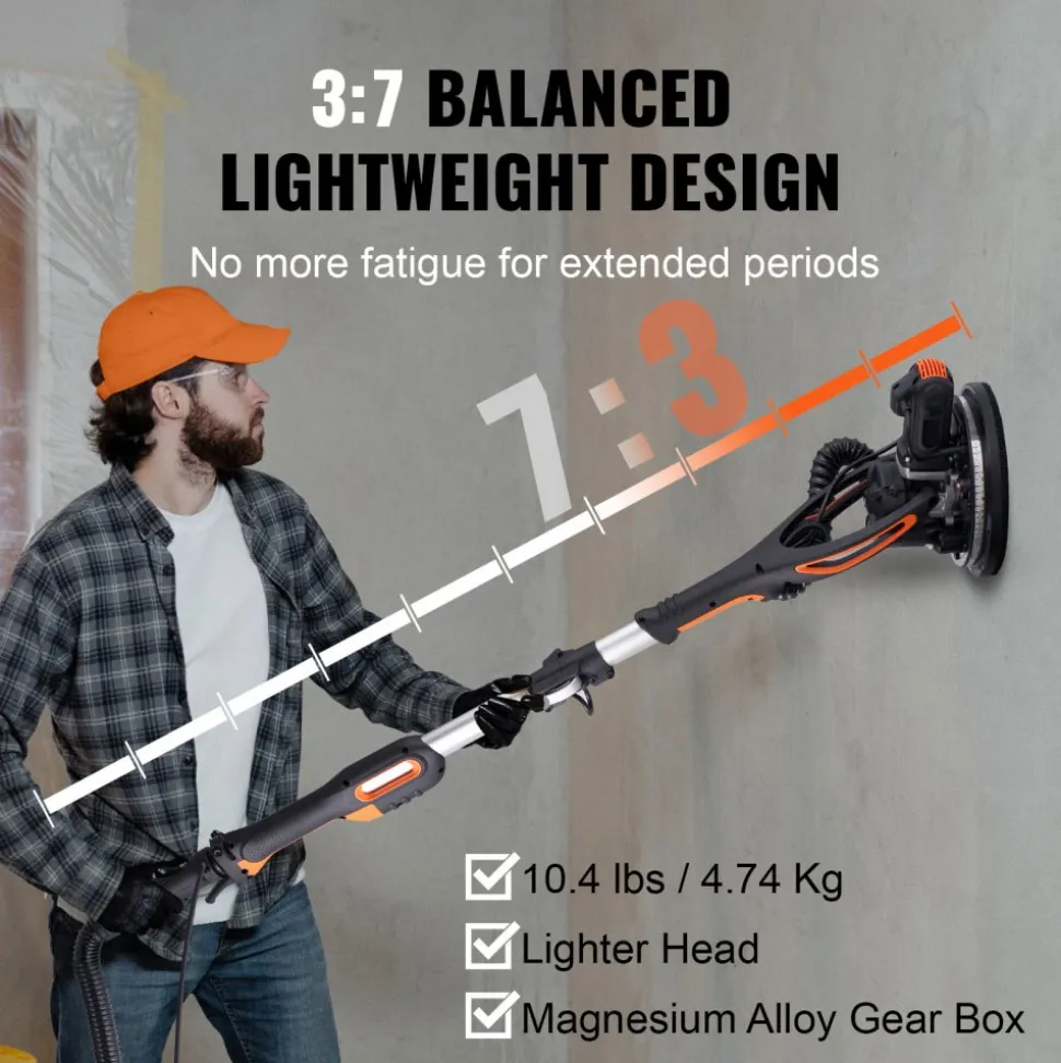 VEVOR Wall Smoother, 900W Drywall Sander, Includes 12 Sanding Pads, Adjustable Speeds from 800-1800 RPM, 3 Vacuum Tubes, Collapsible Design for Ceilings, Dual LED, Telescopic Grip & Dust Collector