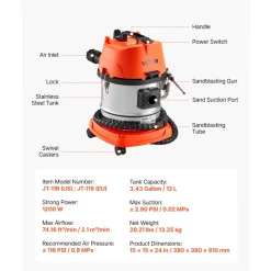 VEVOR Walnut Blaster Kit for Carbon Cleaning, 1200W Sand Blaster with Built-in Vacuum, Extension Nozzle Sandblaster Gun, and 5.5lbs Walnut Shell for Engine Intake Valve Cleaning - 13L