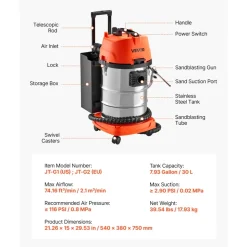 VEVOR Walnut Blaster Kit for Carbon Cleaning, 1200W Sand Blaster with Built-in Vacuum, Extension Nozzle Sandblaster Gun, and 5.5lbs Walnut Shell for Engine Intake Valve Cleaning - 30L