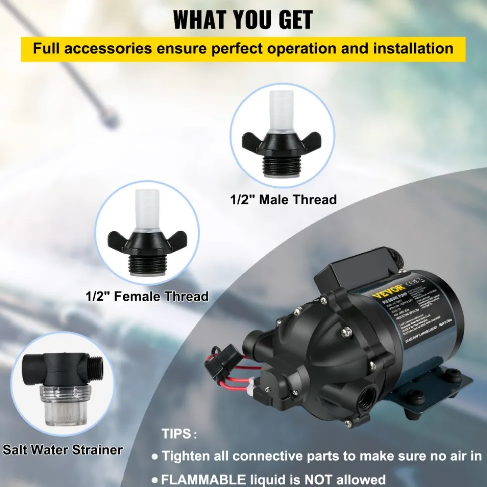 VEVOR Washdown Pump, 12V DC, 7 GPM 60 PSI, Max. 10 FT Lift Self Priming Water Pump, with EPDM Valve, Universal Salt Water Strainer & Female/Male Thread, for RV, Marine Deck, Yacht
