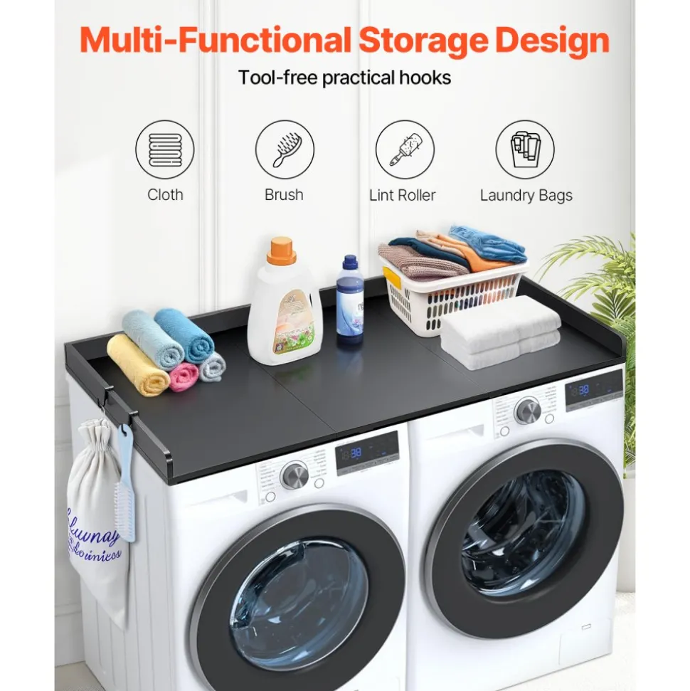 VEVOR Washer Dryer Countertop with 3 Splicing Panels, 54" x 27" Wooden Washer and Dryer Countertop with Non-Slip Pads, Water-Resistant Laundry Topper for Laundry Room Organization and Storage, Black