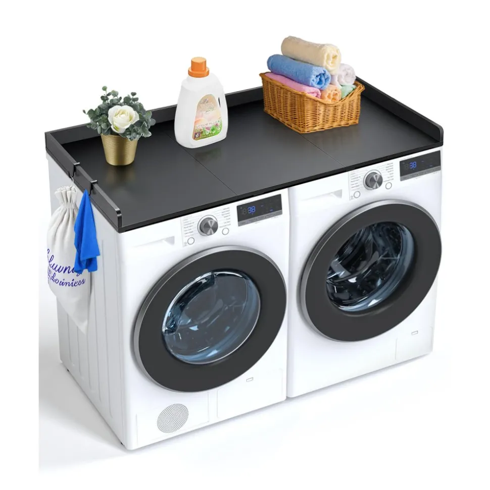VEVOR Washer Dryer Countertop with 3 Splicing Panels, 54" x 27" Wooden Washer and Dryer Countertop with Non-Slip Pads, Water-Resistant Laundry Topper for Laundry Room Organization and Storage, Black