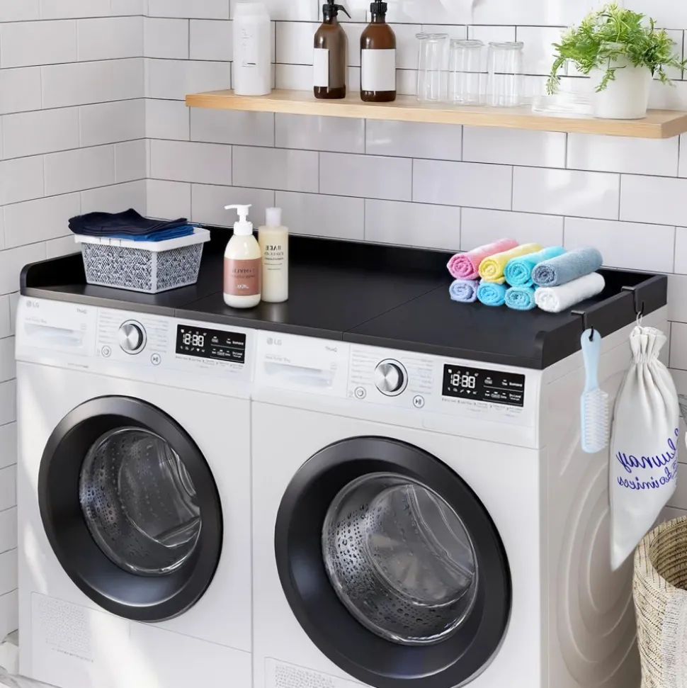 VEVOR Washer Dryer Countertop with 3 Splicing Panels, 54" x 27" Wooden Washer and Dryer Countertop with Non-Slip Pads, Water-Resistant Laundry Topper for Laundry Room Organization and Storage, Black