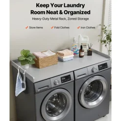 VEVOR Washer Dryer Countertop, 54 x 27.5 in Wooden Washer and Dryer Topper with Edge & 2 Hooks, Water-Resistant Laundry Machine Topper for Laundry Closet Pantry Counter Organization and Storage, Gray