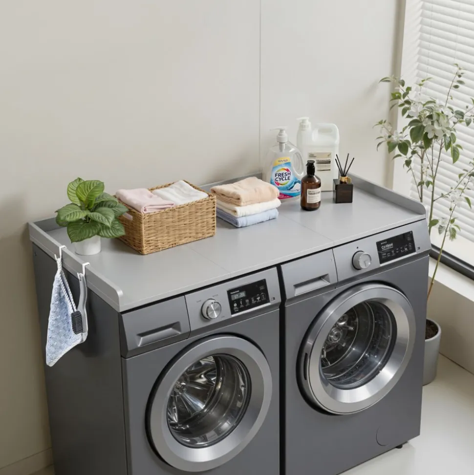 VEVOR Washer Dryer Countertop, 54 x 27.5 in Wooden Washer and Dryer Topper with Edge & 2 Hooks, Water-Resistant Laundry Machine Topper for Laundry Closet Pantry Counter Organization and Storage, Gray