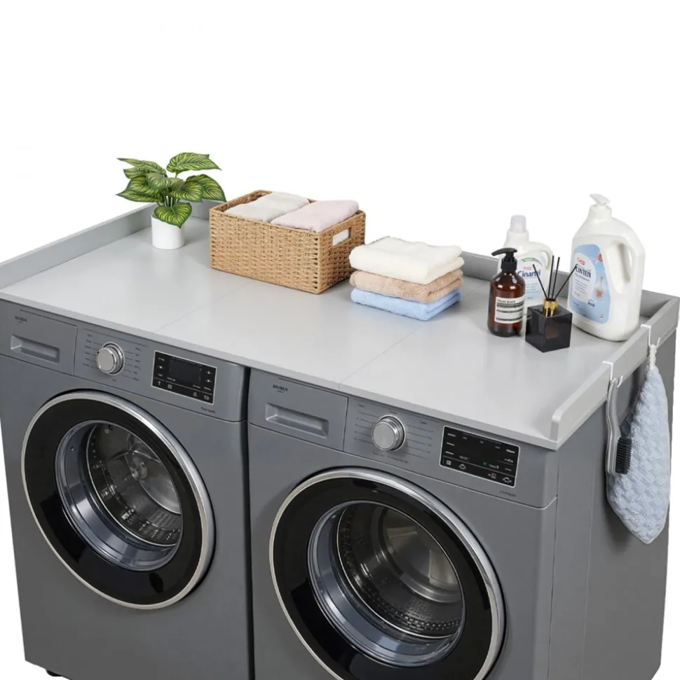 VEVOR Washer Dryer Countertop, 54 x 27.5 in Wooden Washer and Dryer Topper with Edge & 2 Hooks, Water-Resistant Laundry Machine Topper for Laundry Closet Pantry Counter Organization and Storage, Gray