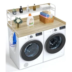 VEVOR Washer Dryer Countertop with 2-Tier Shelf, 54" x 27" Wooden Washer and Dryer Countertop with Anti-Slip Pads, Water-Resistant Laundry Topper Cover for Laundry Room Organization and Storage, Oak