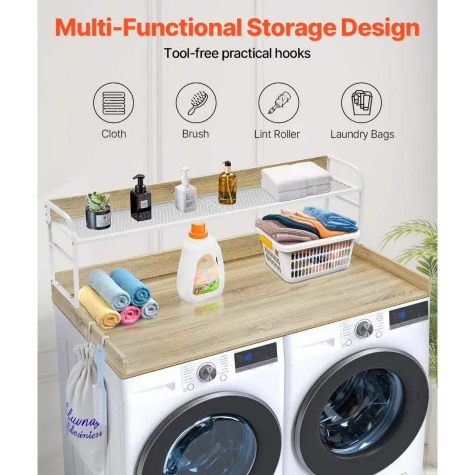VEVOR Washer Dryer Countertop with 2-Tier Shelf, 54" x 27" Wooden Washer and Dryer Countertop with Anti-Slip Pads, Water-Resistant Laundry Topper Cover for Laundry Room Organization and Storage, Oak