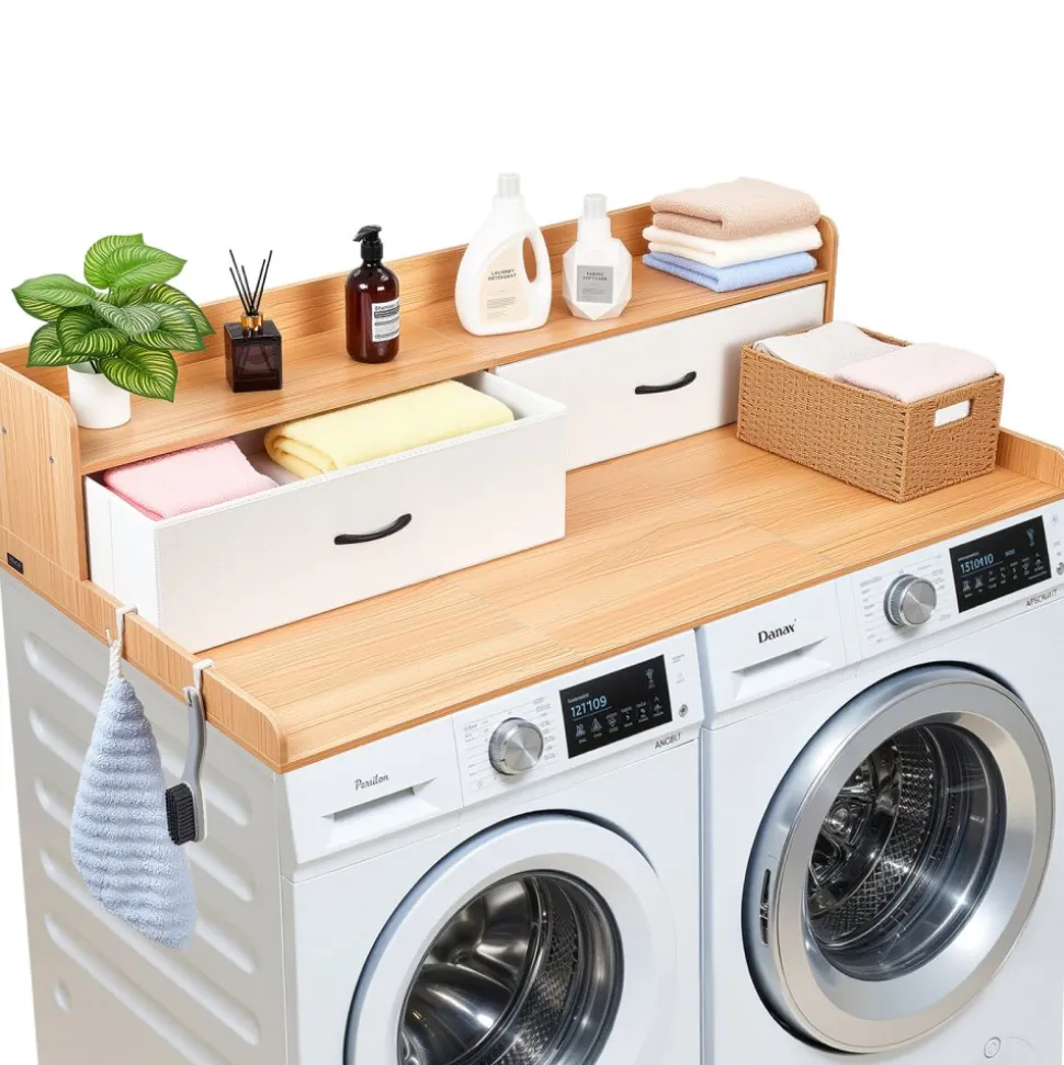 VEVOR Washer Dryer Countertop with Shelf, 54 x 27.5 in Wooden Washer and Dryer Topper with 2 Drawers & 2 Hooks, Laundry Machine Topper for Laundry Closet Pantry Counter Organization and Storage, Brown