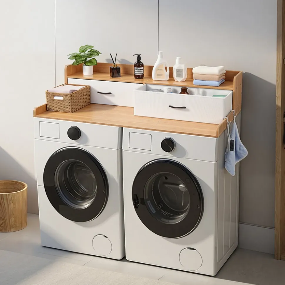 VEVOR Washer Dryer Countertop with Shelf, 54 x 27.5 in Wooden Washer and Dryer Topper with 2 Drawers & 2 Hooks, Laundry Machine Topper for Laundry Closet Pantry Counter Organization and Storage, Brown