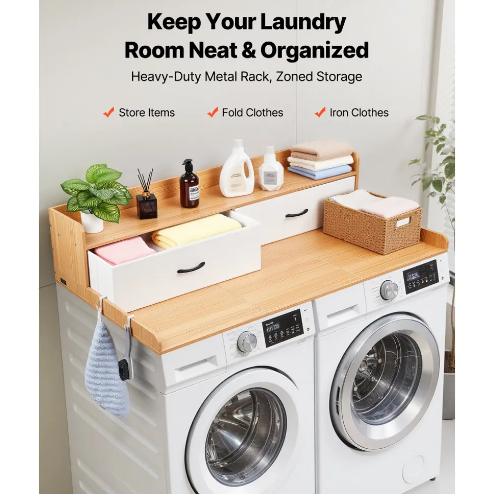 VEVOR Washer Dryer Countertop with Shelf, 54 x 27.5 in Wooden Washer and Dryer Topper with 2 Drawers & 2 Hooks, Laundry Machine Topper for Laundry Closet Pantry Counter Organization and Storage, Brown