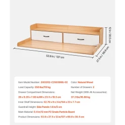 VEVOR Washer Dryer Countertop with Shelf, 54 x 27.5 in Wooden Washer and Dryer Topper with 2 Drawers & 2 Hooks, Laundry Machine Topper for Laundry Closet Pantry Counter Organization and Storage, Brown