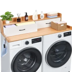 VEVOR Washer Dryer Countertop with Shelf, 54 x 27.5 in Wooden Washer and Dryer Topper with 2 Drawers & 2 Hooks, Laundry Machine Topper for Laundry Closet Pantry Counter Organization and Storage, Brown
