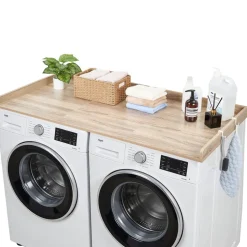 VEVOR Washer Dryer Countertop with Shelf, 54 x 27.5 in Wooden Washer and Dryer Topper with Edge and 2 Hooks, Laundry Machine Topper for Laundry Closet Pantry Counter Organization and Storage, Black