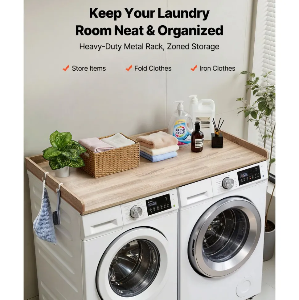 VEVOR Washer Dryer Countertop, 54 x 27.5 in Wooden Washer and Dryer Topper with Edge & 2 Hooks, Water-Resistant Laundry Machine Topper for Laundry Closet Pantry Counter Organization and Storage, Oak