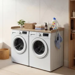 VEVOR Washer Dryer Countertop, 54 x 27.5 in Wooden Washer and Dryer Topper with Edge & 2 Hooks, Water-Resistant Laundry Machine Topper for Laundry Closet Pantry Counter Organization and Storage, Oak