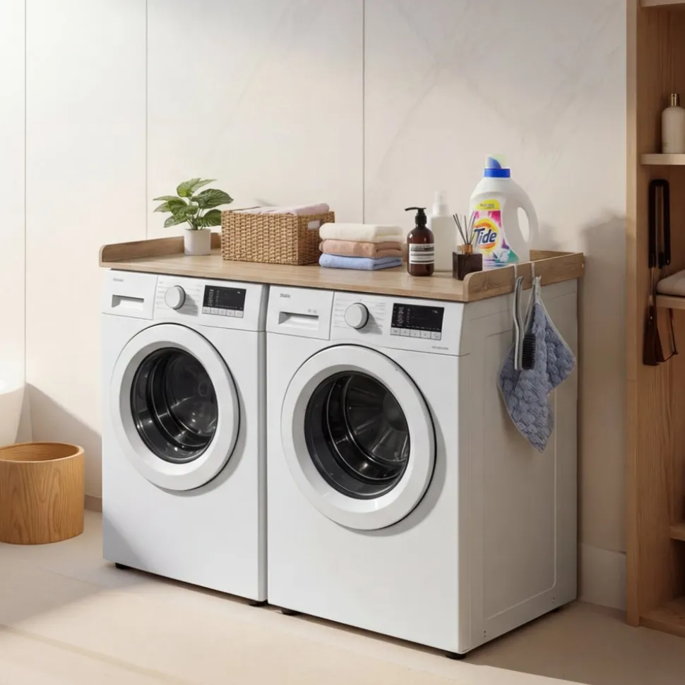 VEVOR Washer Dryer Countertop, 54 x 27.5 in Wooden Washer and Dryer Topper with Edge & 2 Hooks, Water-Resistant Laundry Machine Topper for Laundry Closet Pantry Counter Organization and Storage, Oak
