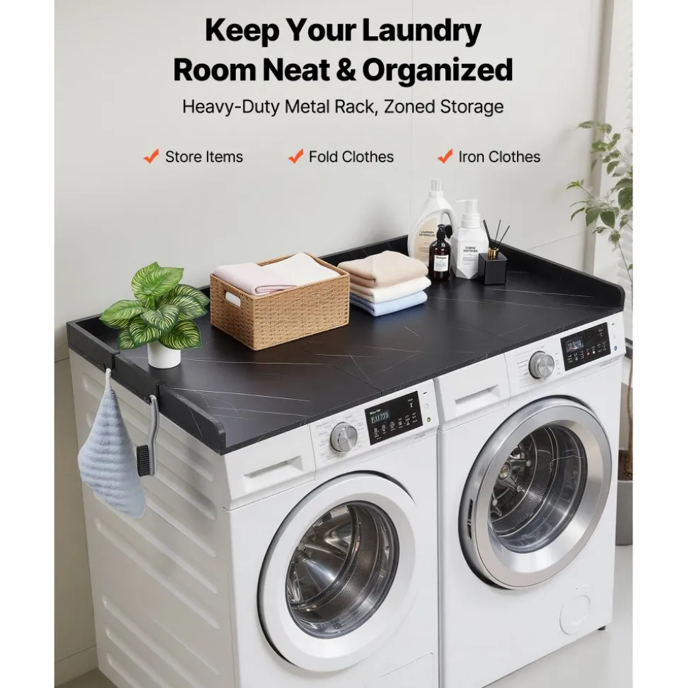 VEVOR Washer Dryer Countertop with 2-Tier Shelf, 54" x 27" Wooden Washer and Dryer Countertop with Anti-Slip Pads, Water-Resistant Laundry Topper Cover for Laundry Room Organization and Storage, White