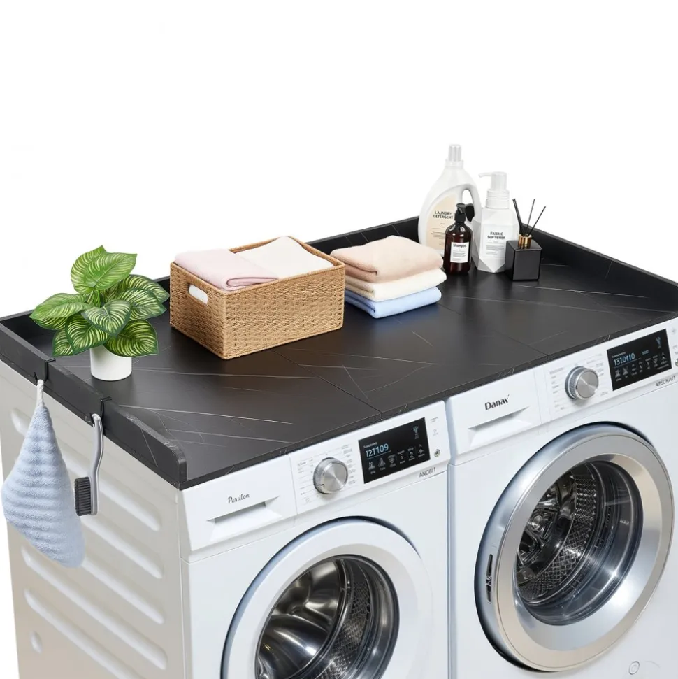 VEVOR Washer Dryer Countertop with 2-Tier Shelf, 54" x 27" Wooden Washer and Dryer Countertop with Anti-Slip Pads, Water-Resistant Laundry Topper Cover for Laundry Room Organization and Storage, White