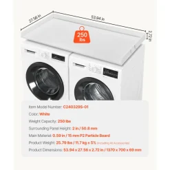 VEVOR Washer Dryer Countertop, 54" x 27" Wooden Washer and Dryer Countertop, Water-Resistant Laundry Machine Topper Cover with Anti-Slip Pads, for Laundry Room Organization and Storage, White