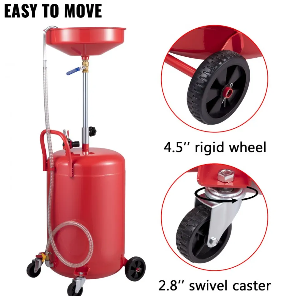 VEVOR Waste Oil Drain Tank 20 Gallon Portable Oil Drain Air Operated Drainer Oil Change, Oil Drain Container, Fluid Fuel Transfer Drainage Adjustable Funnel Height, with Pressure Regulating Valve