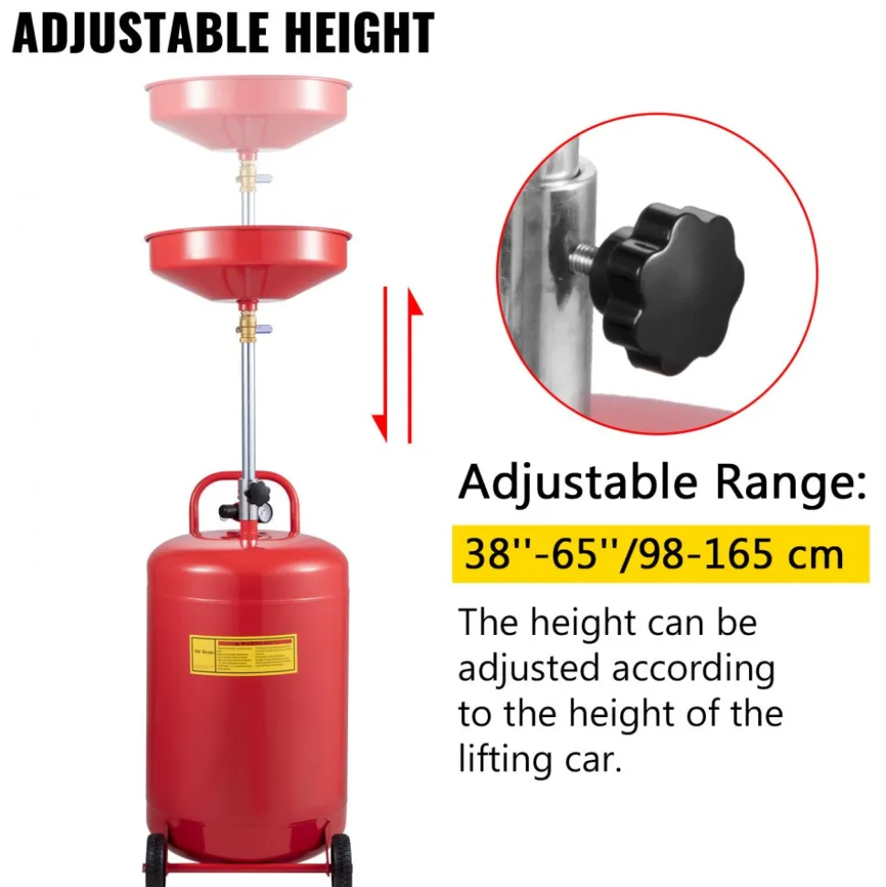 VEVOR Waste Oil Drain Tank 20 Gallon Portable Oil Drain Air Operated Drainer Oil Change, Oil Drain Container, Fluid Fuel Transfer Drainage Adjustable Funnel Height, with Pressure Regulating Valve