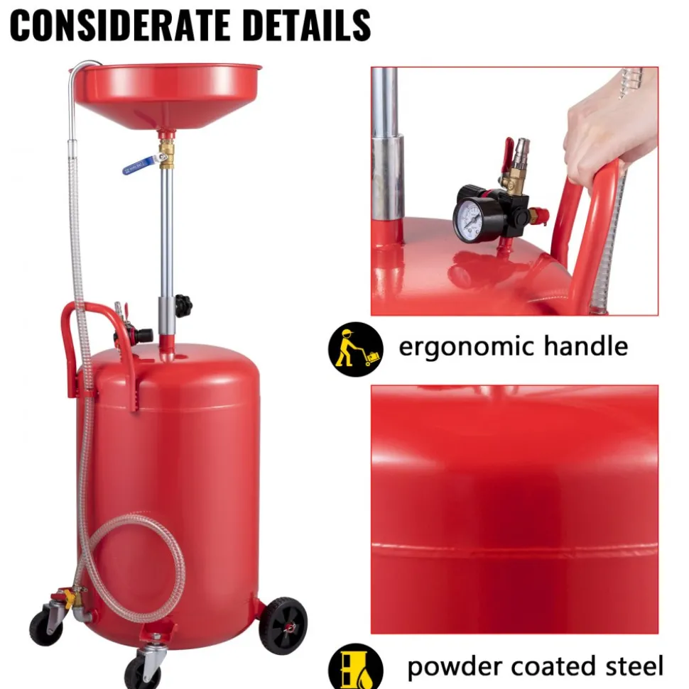 VEVOR Waste Oil Drain Tank 20 Gallon Portable Oil Drain Air Operated Drainer Oil Change, Oil Drain Container, Fluid Fuel Transfer Drainage Adjustable Funnel Height, with Pressure Regulating Valve