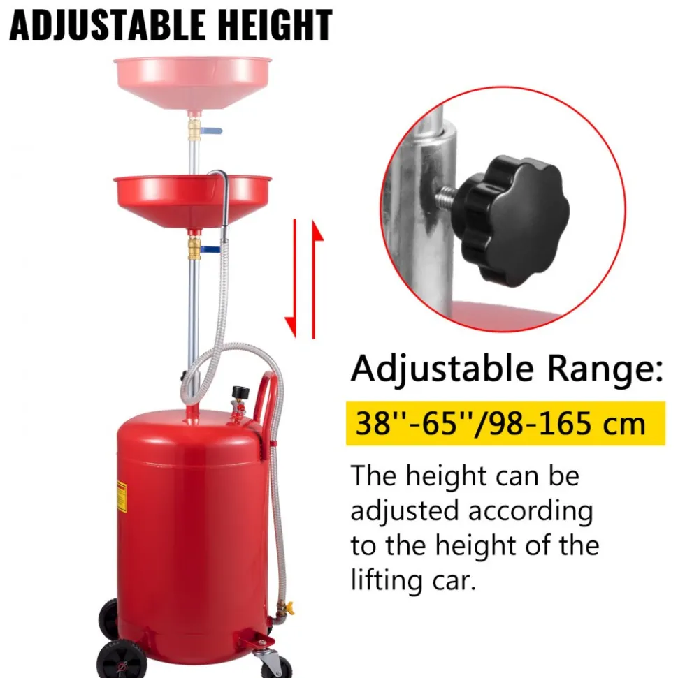 VEVOR Waste Oil Drain Tank 20 Gallon Portable Oil Drain Air Operated Drainer Oil Change, Oil Drain Container, Fluid Fuel Transfer Drainage Adjustable Funnel Height, with Wheel for Easy Oil Removal