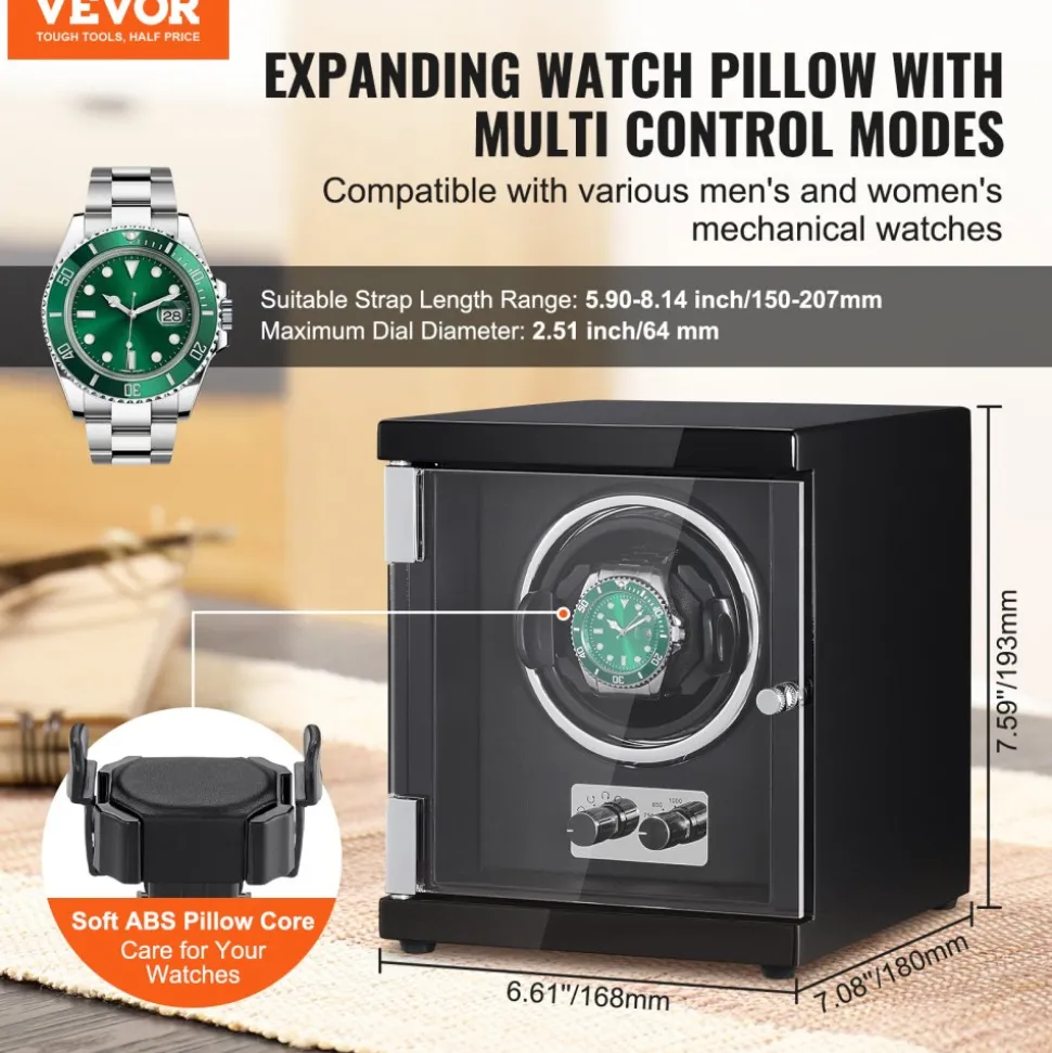VEVOR Watch Winder, Single Watch Winder for Men's and Women's Automatic Watch, with Super Quiet Japanese Mabuchi Motor, Blue LED Light and Adapter, High-Density Board Shell and Black PU